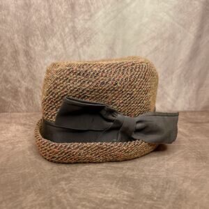 Vintage 60s Cedarbrook Orange Tapestry Derby Bucket Hat Cloche Bow Retro